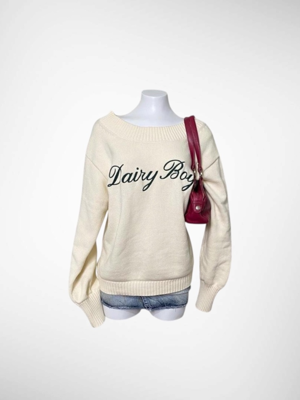 Archive Dairy Boy Southport Off-the-Shoulder Cream & Green Knit Sweater